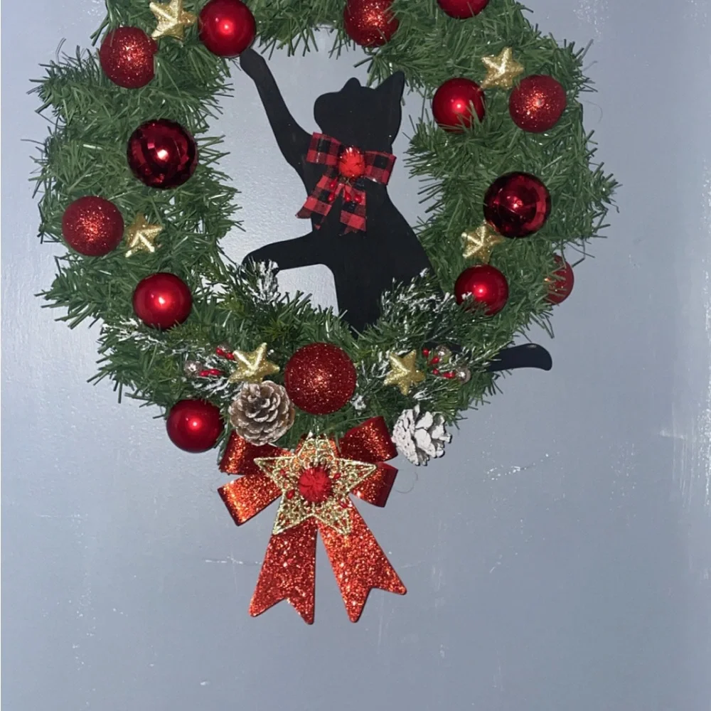 Custom Order Requests Cat playing with ornaments Christmas Wreath 18in